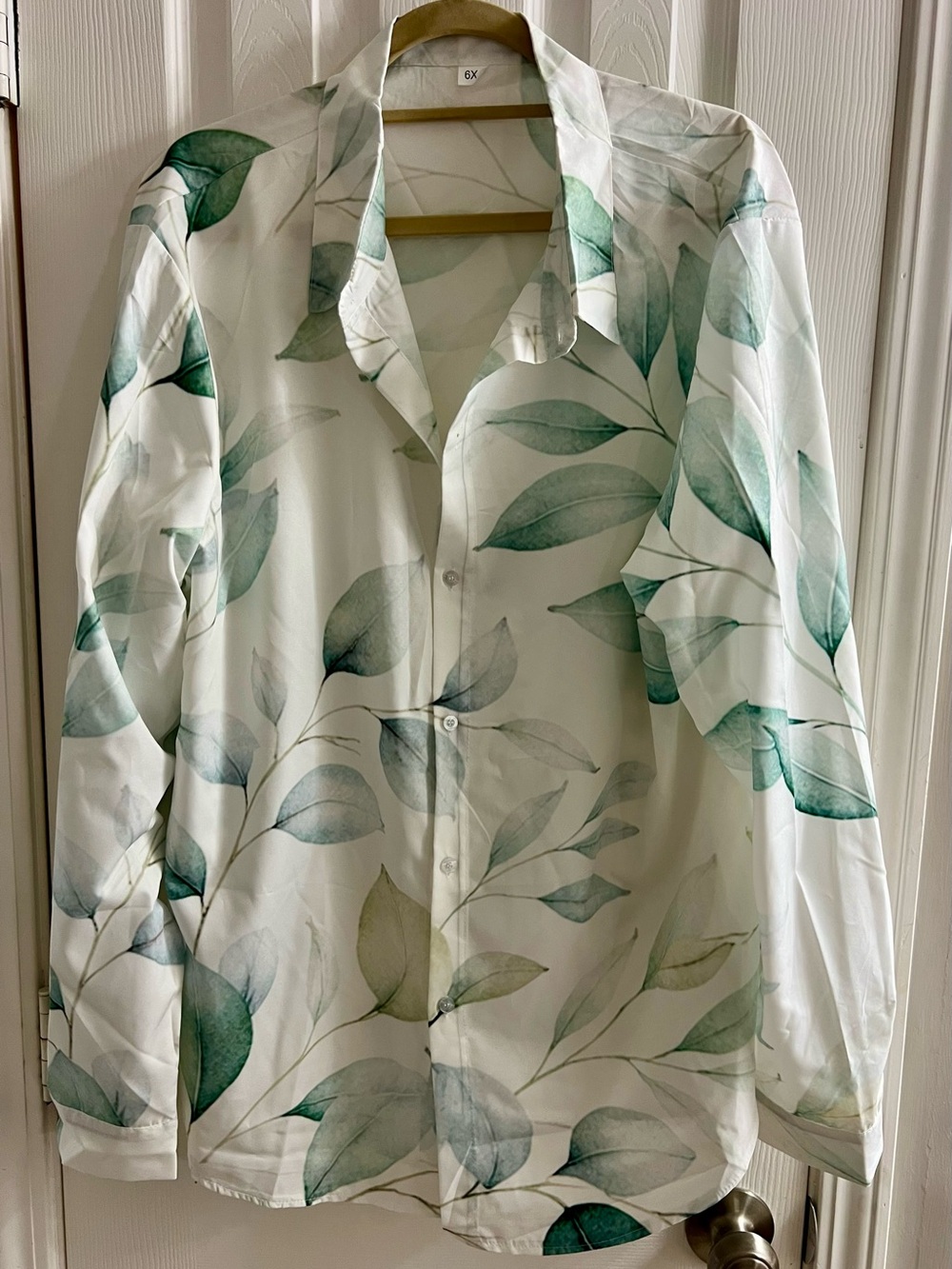 White Button-Up Shirt with Green Leaf Print